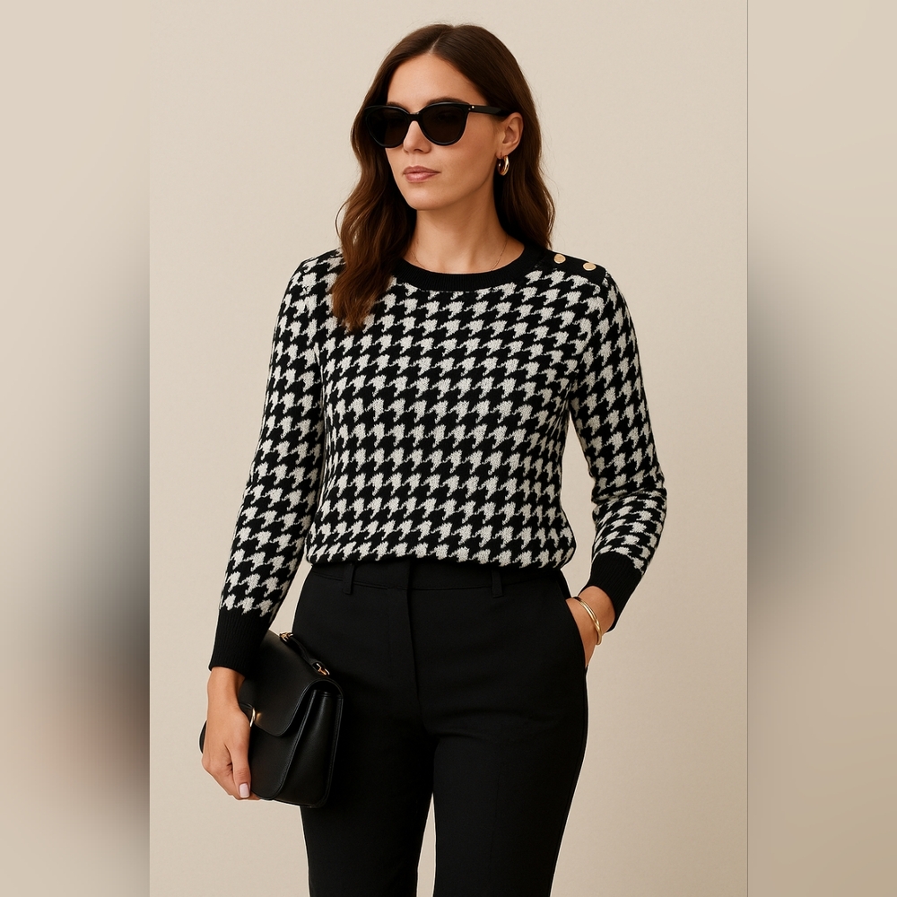 Vintage Carolyn Taylor Houndstooth Sweater Gold Button Shoulder Black White M - Picture 2 of 15